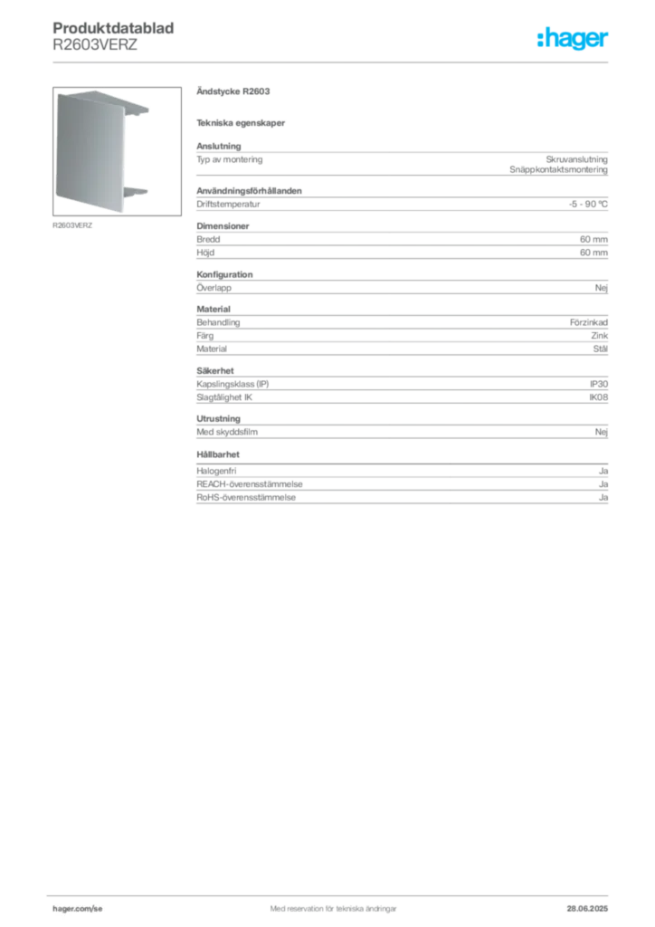 Bild Hager Produktdatablad R2603VERZ | Hager Sverige