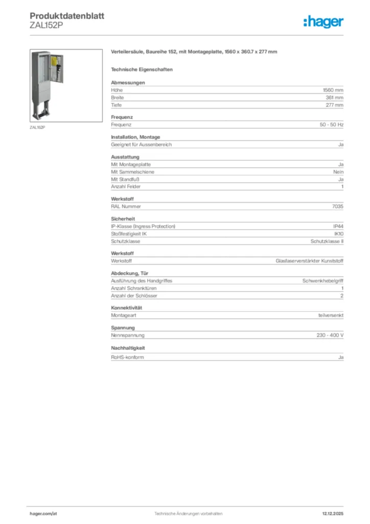 Bild Hager Produktdatenblatt ZAL152P | Hager Deutschland