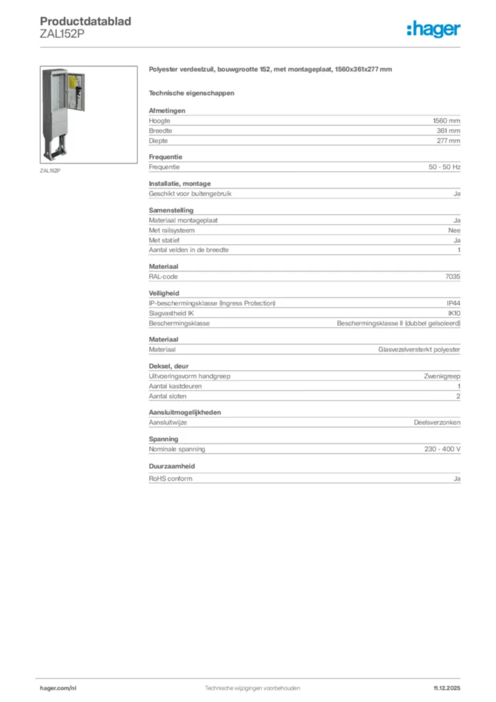 Afbeelding Hager Productdatablad ZAL152P | Hager Nederland
