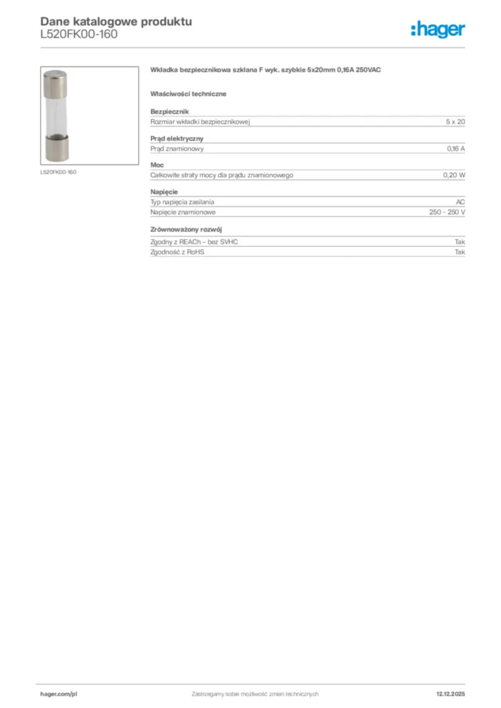 Zdjęcie Hager Dane katalogowe produktu L520FK00-160 | Hager Polska