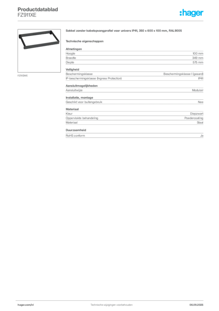 Afbeelding Hager Productdatablad FZ911XE | Hager Nederland