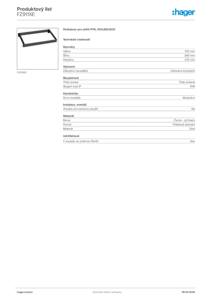 Obrázek Hager Product data sheet FZ911XE | Hager