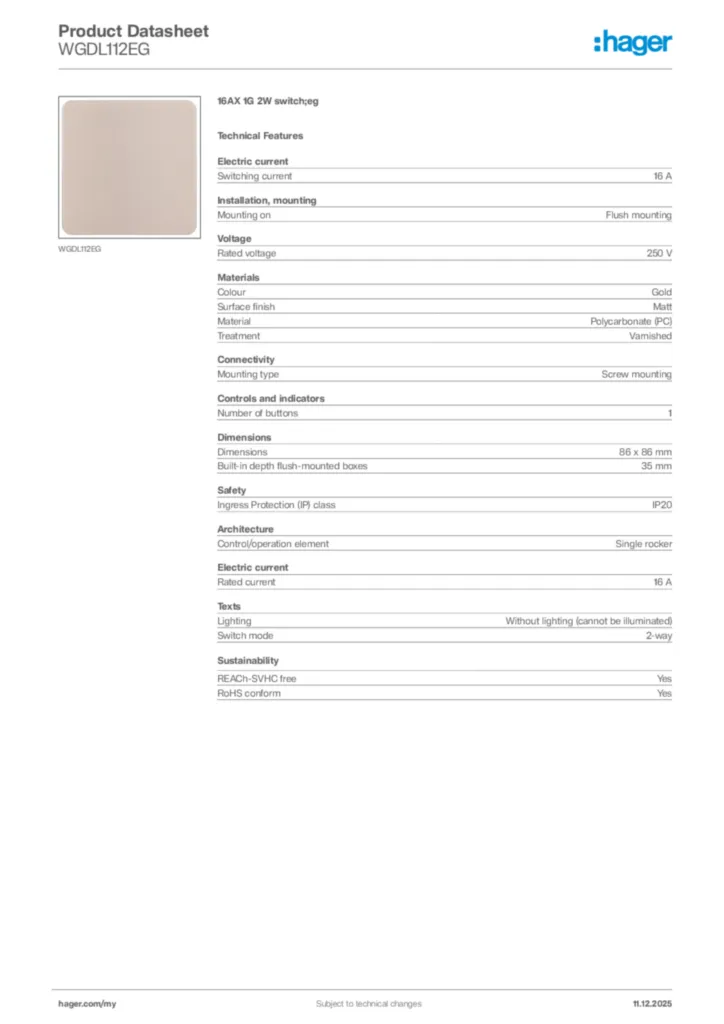 Image Hager Product data sheet WGDL112EG  | Hager