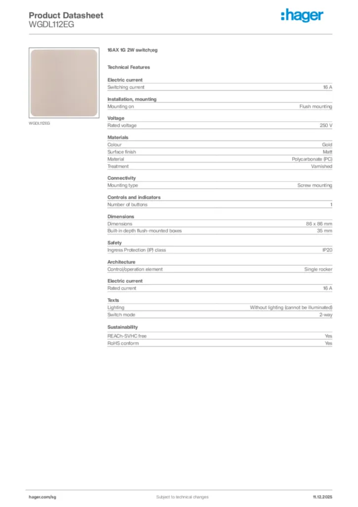 Image Hager Product data sheet WGDL112EG  | Hager