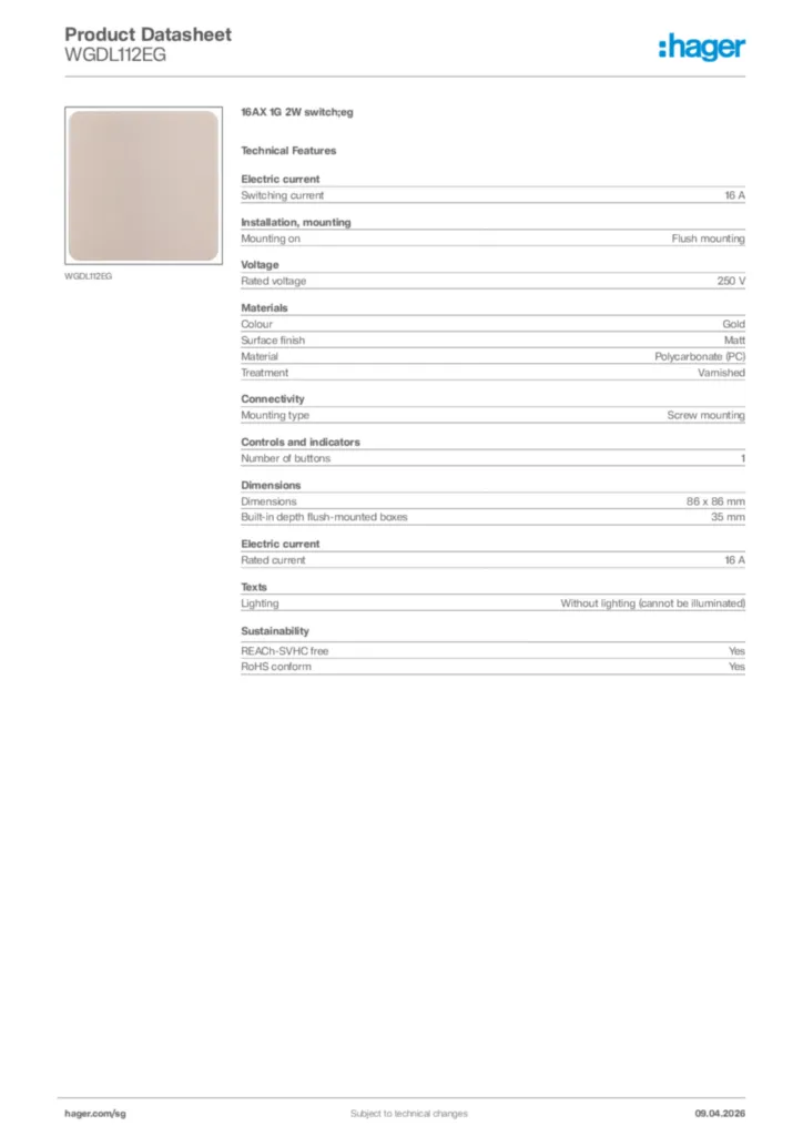 Image Hager Product data sheet WGDL112EG  | Hager