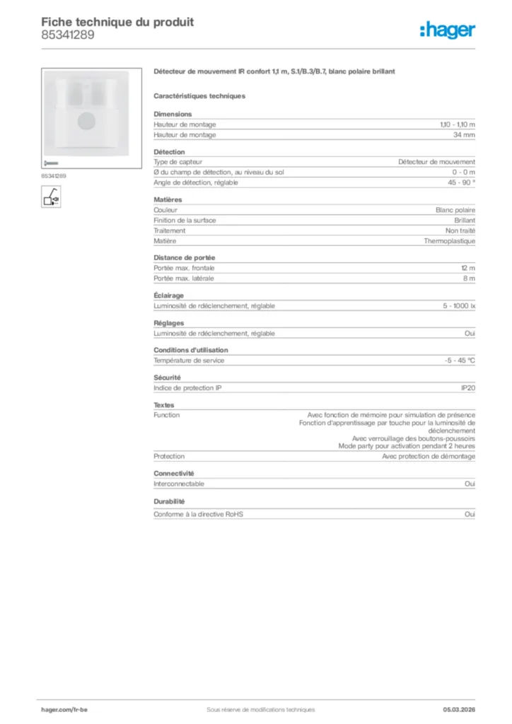 Image Hager Fiche technique du produit 85341289 | Hager Belgique