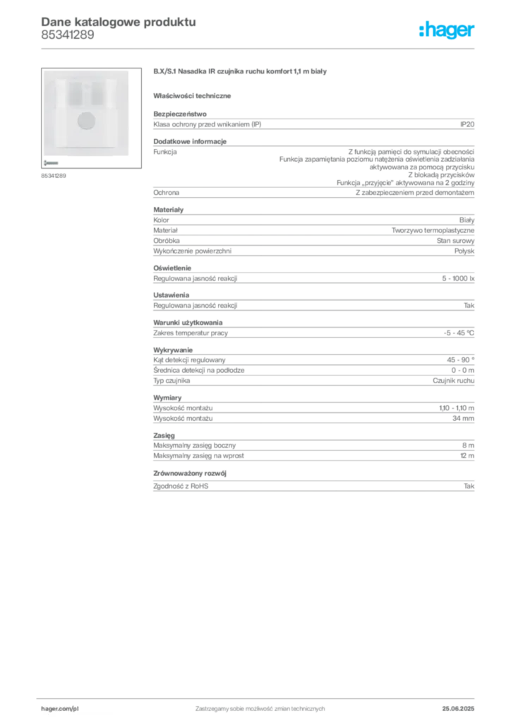 Zdjęcie Hager Dane katalogowe produktu 85341289 | Hager Polska