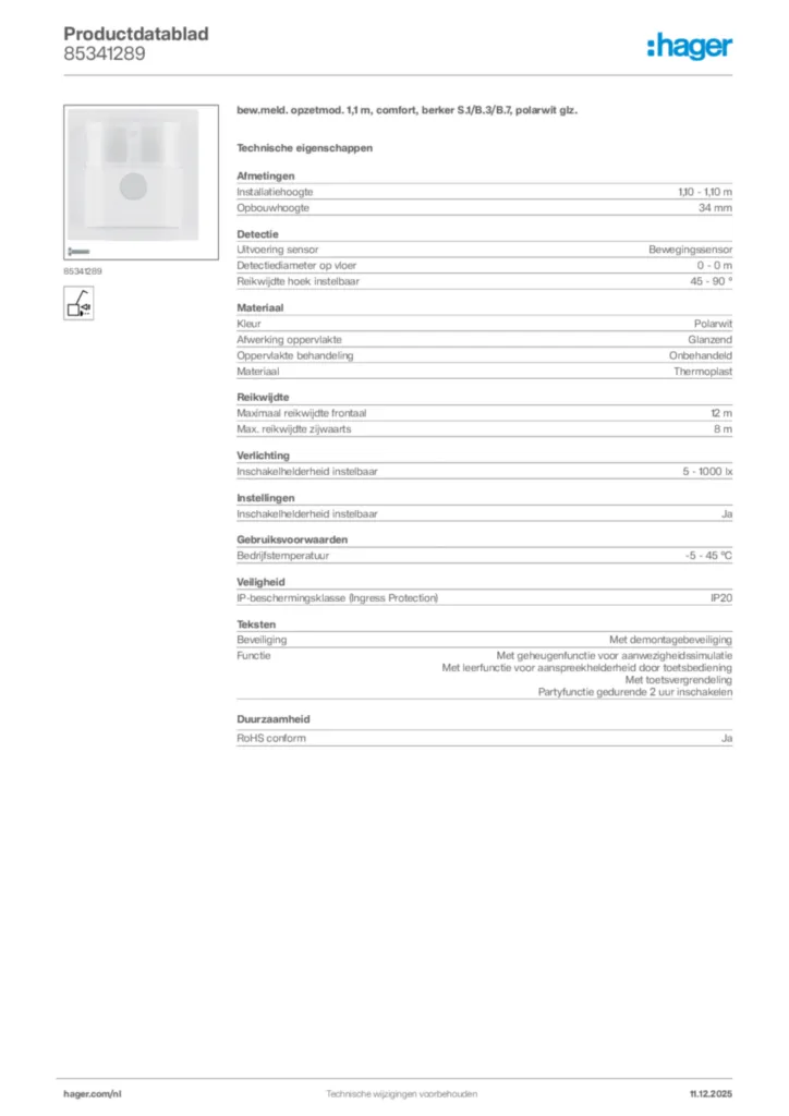 Afbeelding Hager Productdatablad 85341289 | Hager Nederland