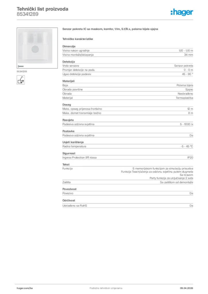 Slika Hager Tehnički list proizvoda 85341289  | Hager