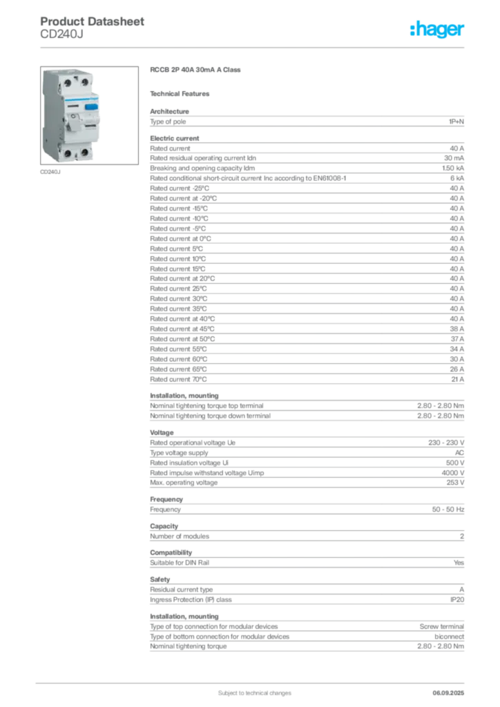 Image Hager Product data sheet CD240J  | Hager