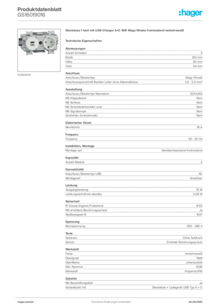 Bild Hager Produktdatenblatt GS16019016 | Hager Deutschland