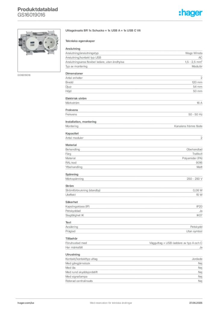 Bild Hager Produktdatablad GS16019016 | Hager Sverige