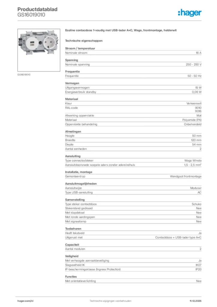 Afbeelding Hager Productdatablad GS16019010 | Hager Nederland