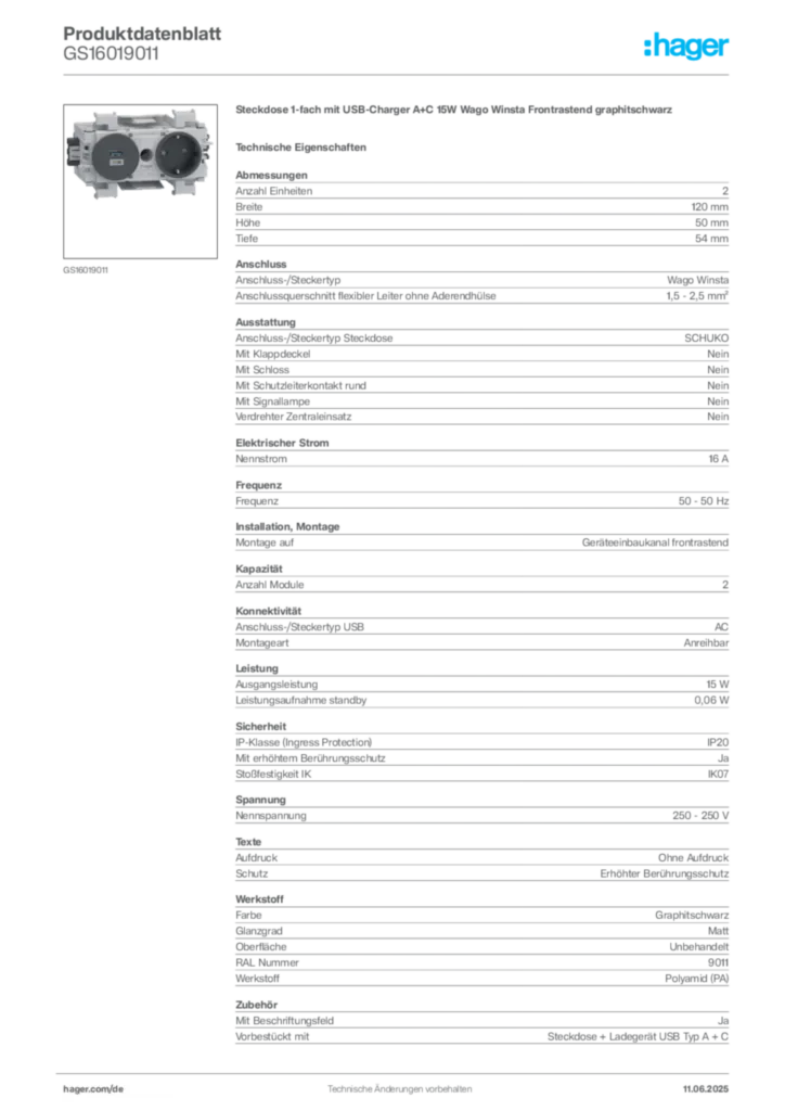 Bild Hager Produktdatenblatt GS16019011 | Hager Deutschland
