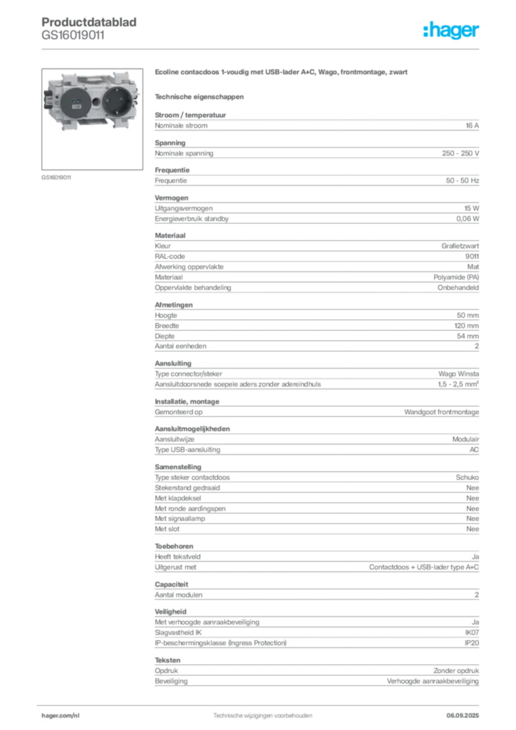 Afbeelding Hager Productdatablad GS16019011 | Hager Nederland