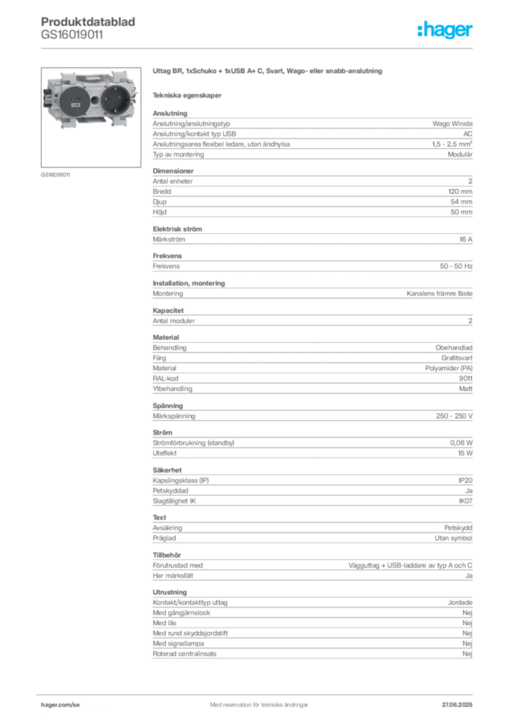 Bild Hager Produktdatablad GS16019011 | Hager Sverige