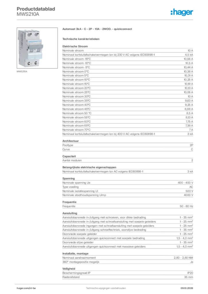 Afbeelding Hager Productdatablad MWS210A | Hager Belgium