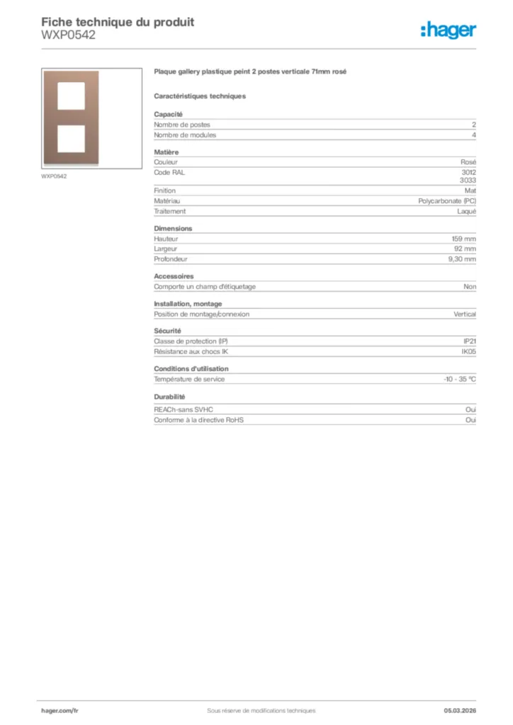 Image Hager Fiche technique du produit WXP0542 | Hager France