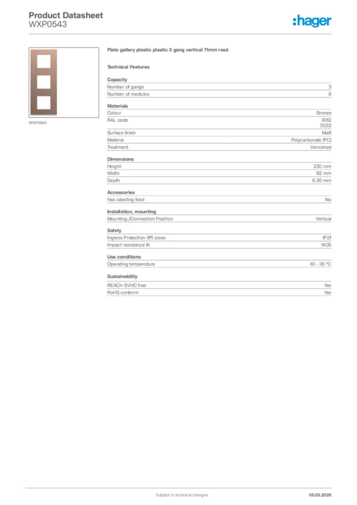 Image Hager Product data sheet WXP0543  | Hager Africa