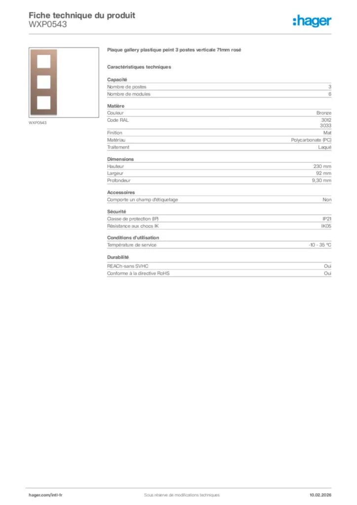 Image Hager Fiche technique du produit WXP0543 | Hager Afrique