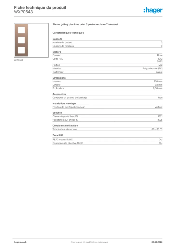 Image Hager Fiche technique du produit WXP0543 | Hager France