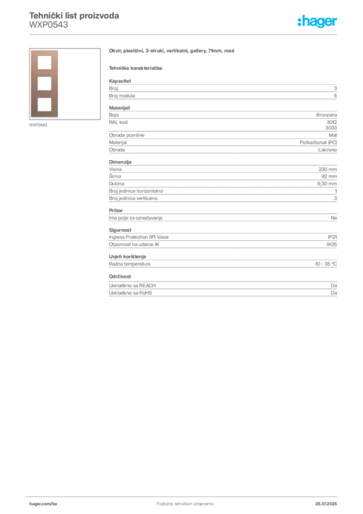 Slika Hager Product data sheet WXP0543  | Hager