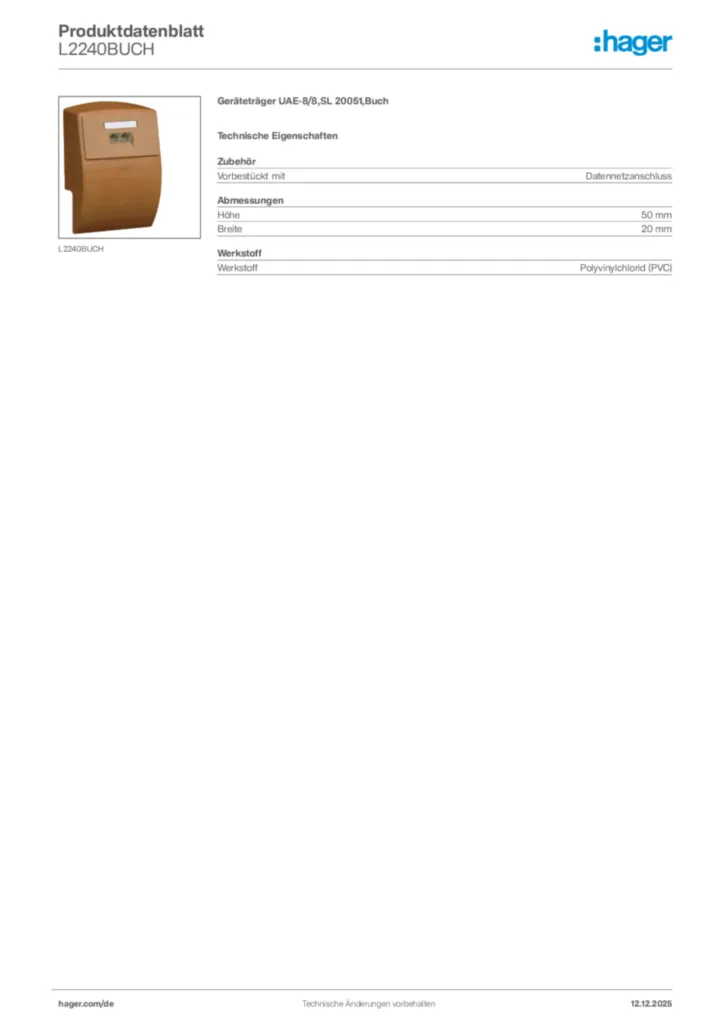 Bild Hager Produktdatenblatt L2240BUCH | Hager Deutschland