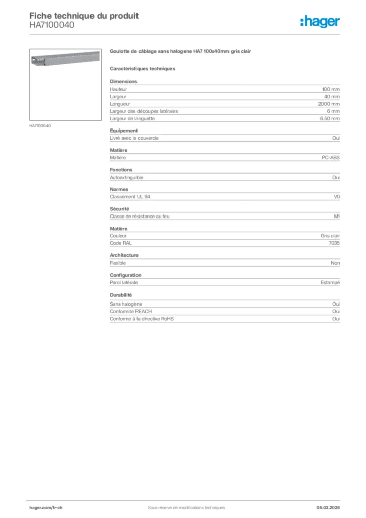 Image Hager Fiche technique du produit HA7100040 | Hager Suisse