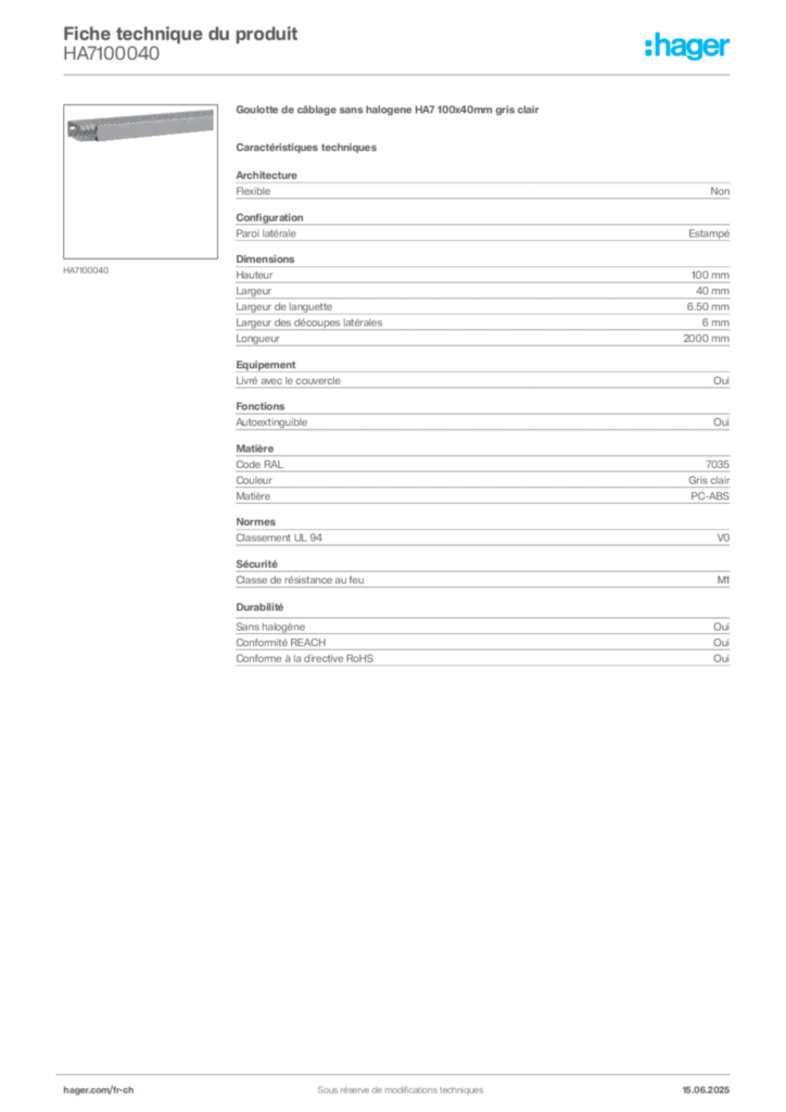 Image Hager Fiche technique du produit HA7100040 | Hager Suisse