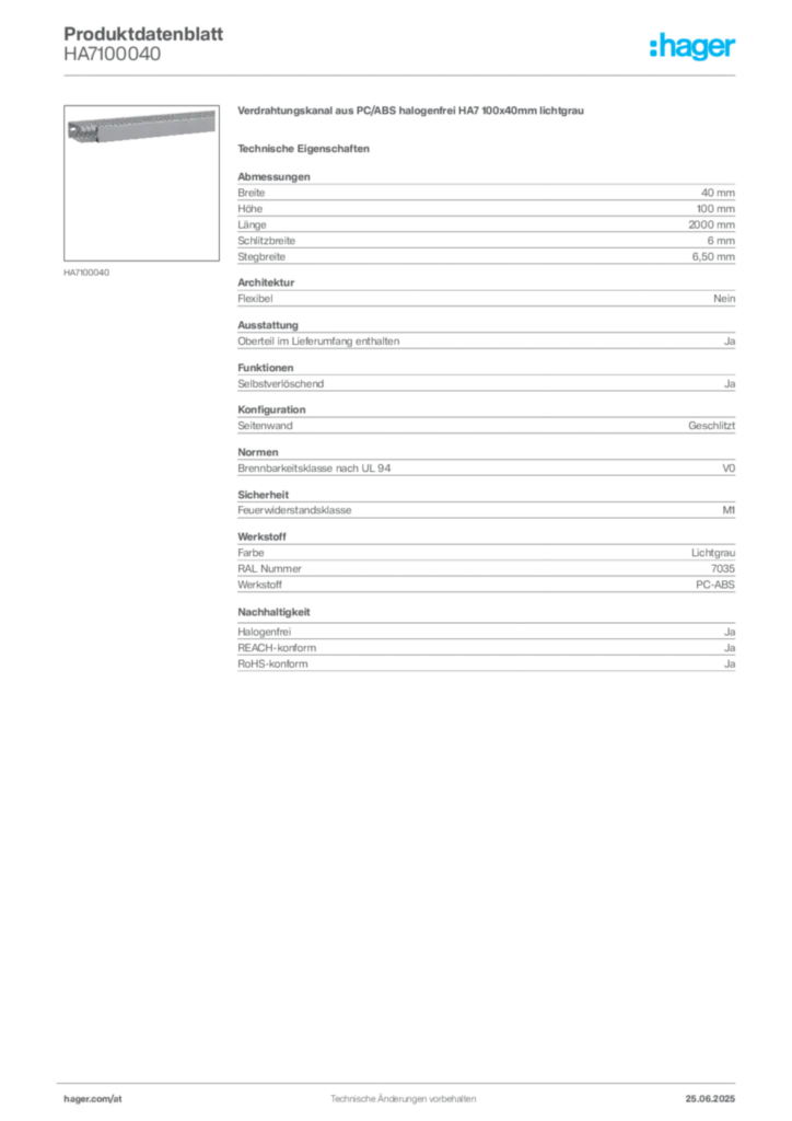 Bild Hager Produktdatenblatt HA7100040 | Hager Deutschland