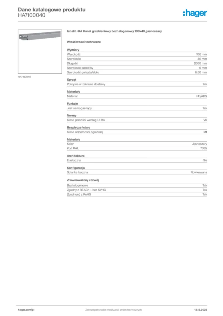 Zdjęcie Hager Dane katalogowe produktu HA7100040 | Hager Polska