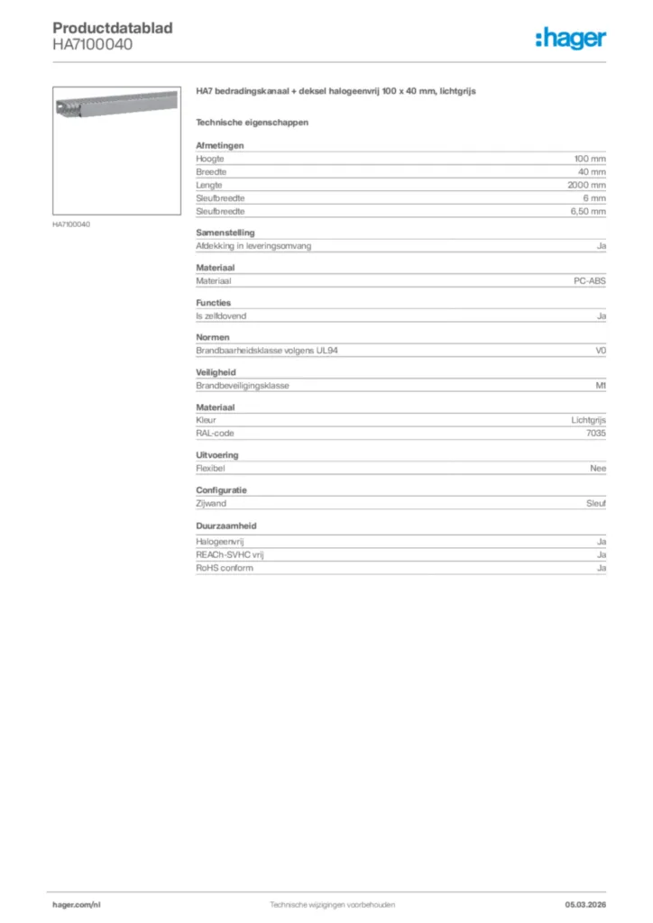 Afbeelding Hager Productdatablad HA7100040 | Hager Nederland