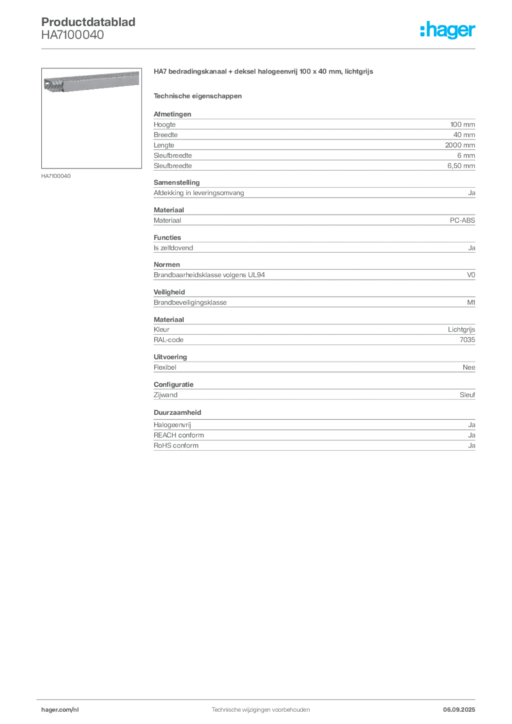 Afbeelding Hager Productdatablad HA7100040 | Hager Nederland