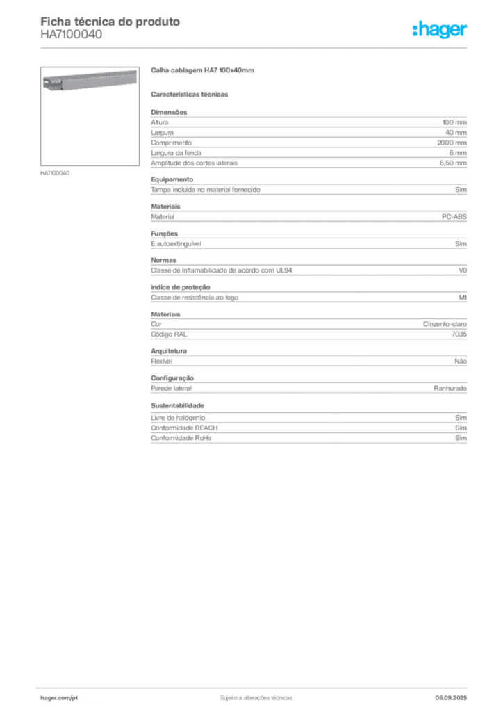 Imagem Hager Ficha técnica do produto HA7100040 | Hager Portugal