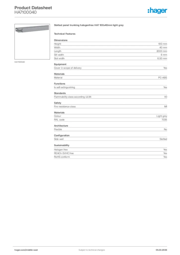 Image Hager Product data sheet HA7100040  | Hager