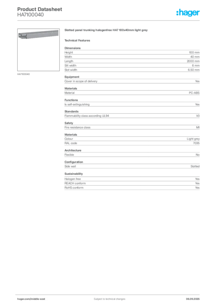 Image Hager Product data sheet HA7100040  | Hager