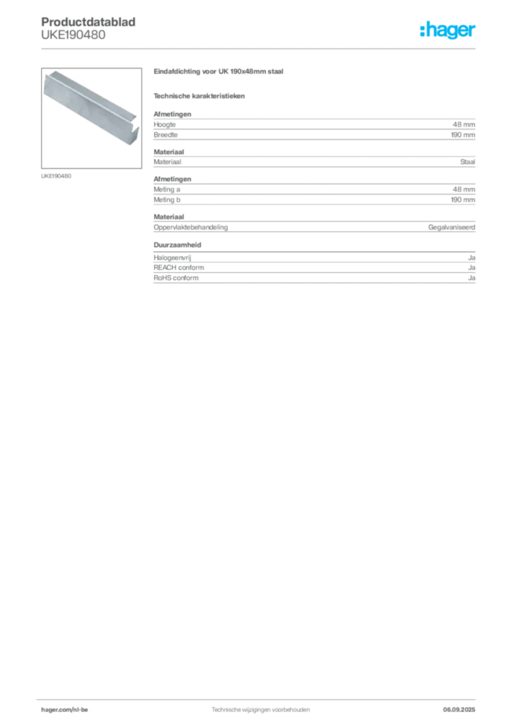 Afbeelding Hager Productdatablad UKE190480 | Hager Belgium
