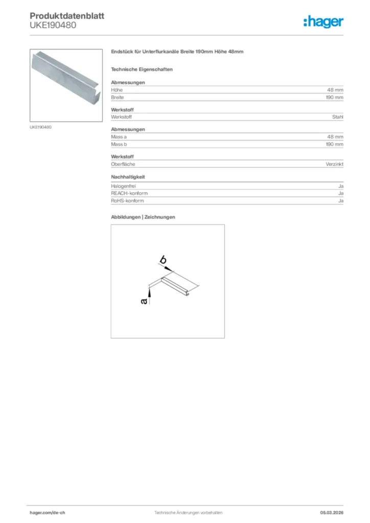 Bild Hager Produktdatenblatt UKE190480 | Hager Schweiz