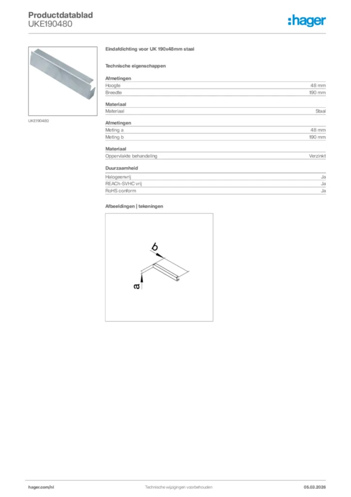 Afbeelding Hager Productdatablad UKE190480 | Hager Nederland