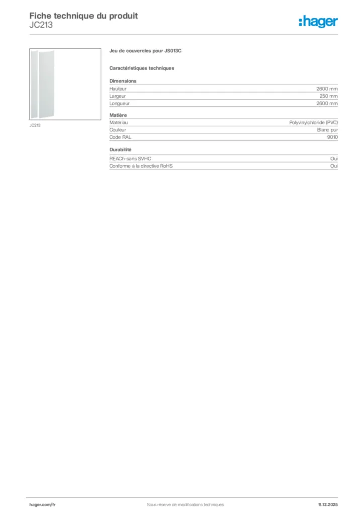 Image Hager Fiche technique du produit JC213 | Hager France