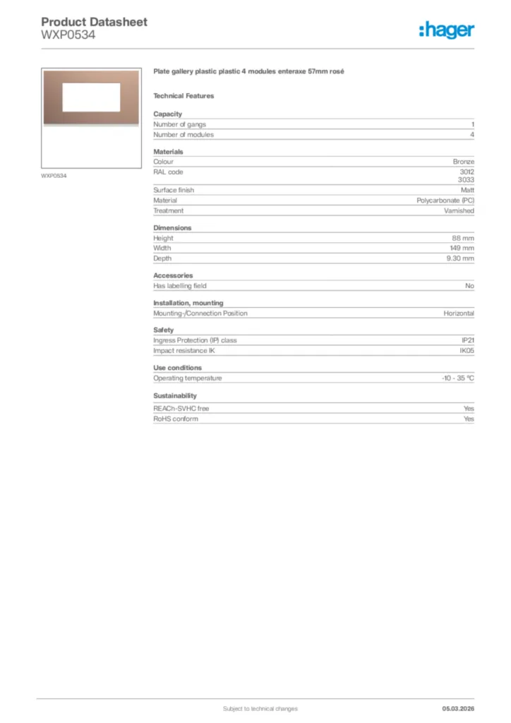 Image Hager Product data sheet WXP0534  | Hager Africa