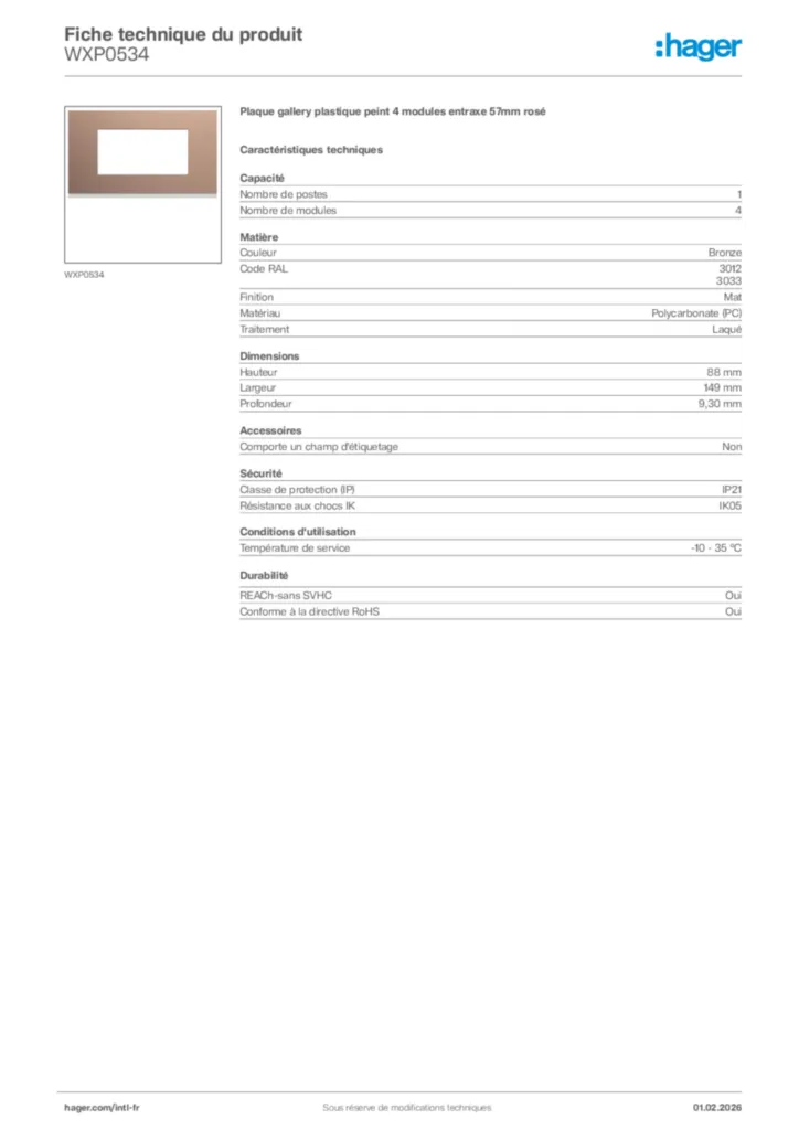 Image Hager Fiche technique du produit WXP0534 | Hager Afrique