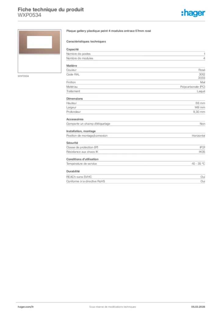 Image Hager Fiche technique du produit WXP0534 | Hager France