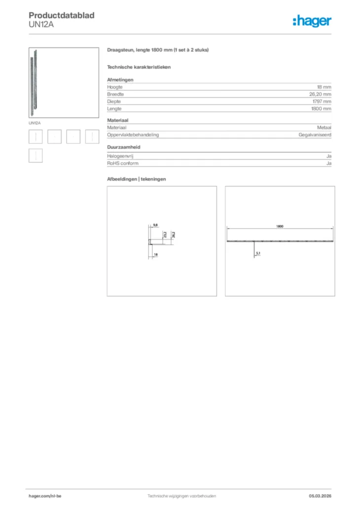 Afbeelding Hager Productdatablad UN12A | Hager Belgium