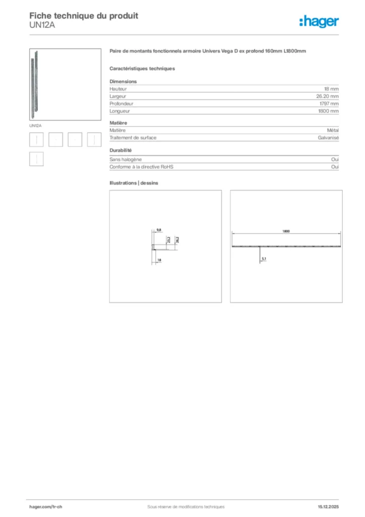 Image Hager Fiche technique du produit UN12A | Hager Suisse