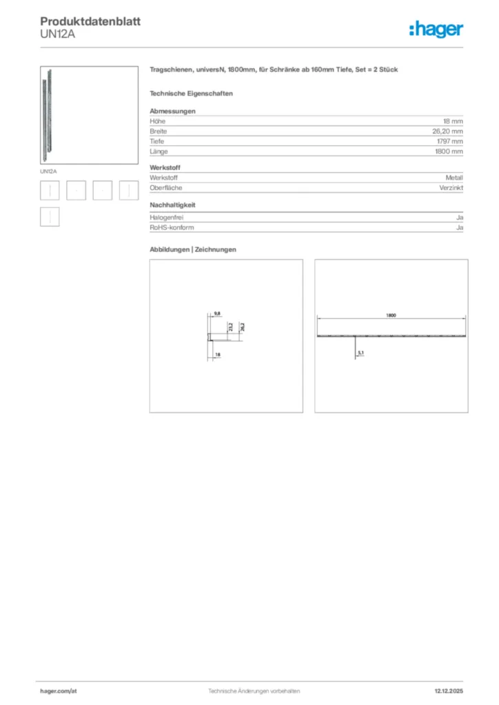 Bild Hager Produktdatenblatt UN12A | Hager Deutschland