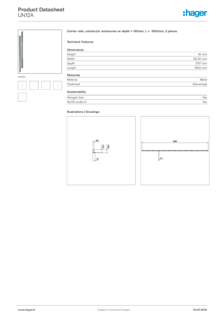 Image Hager Product data sheet UN12A  | Hager