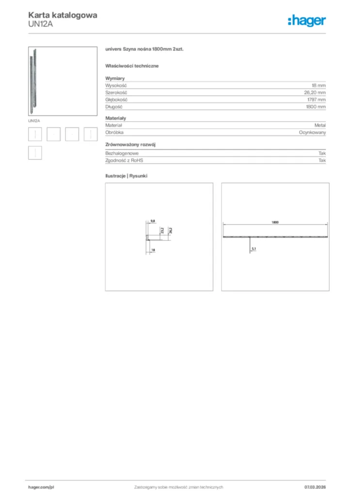 Zdjęcie Hager Karta katalogowa UN12A | Hager Polska