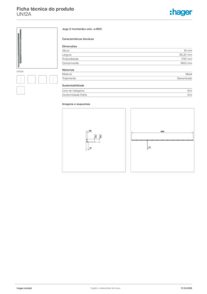 Imagem Hager Ficha técnica do produto UN12A | Hager Portugal