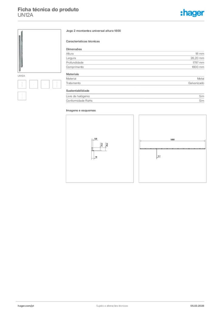 Imagem Hager Ficha técnica do produto UN12A | Hager Portugal